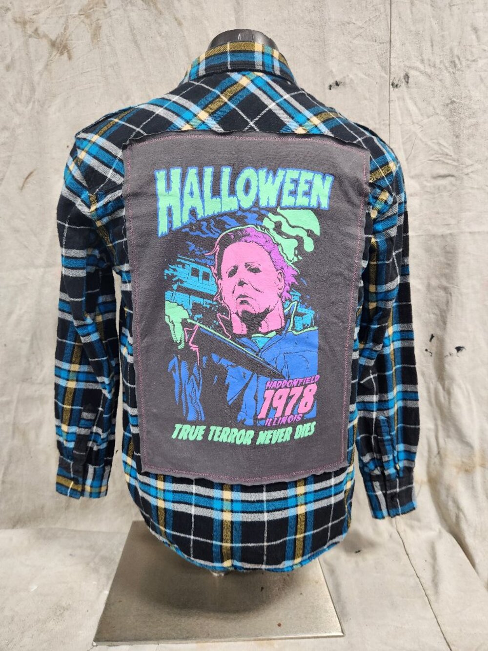 Burnside Flannel Upcycled With Halloween Jason Voorhees T-Shirt Back Patch